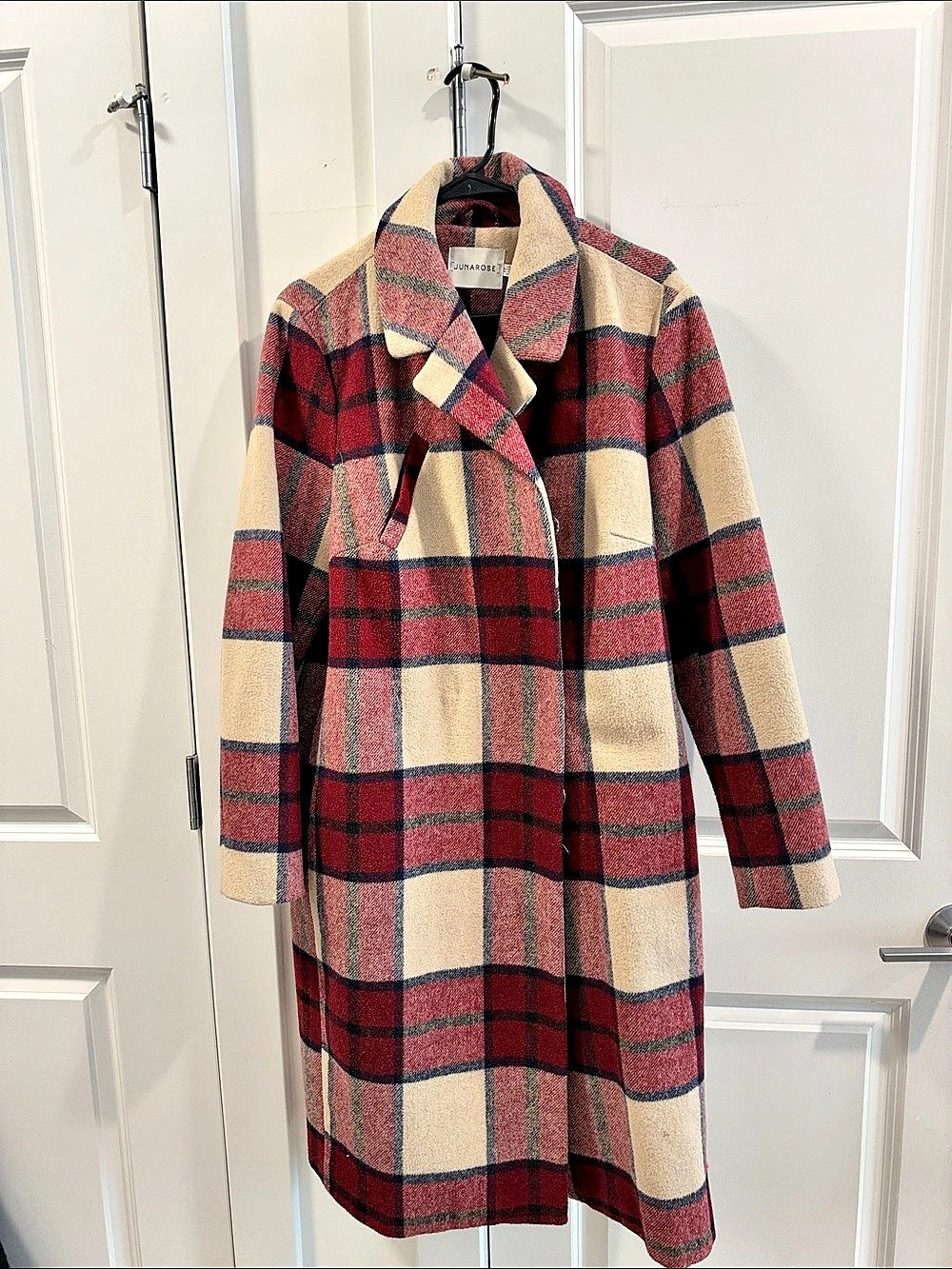 JUNAROSE Plaid Pea Coat in Red & Cream